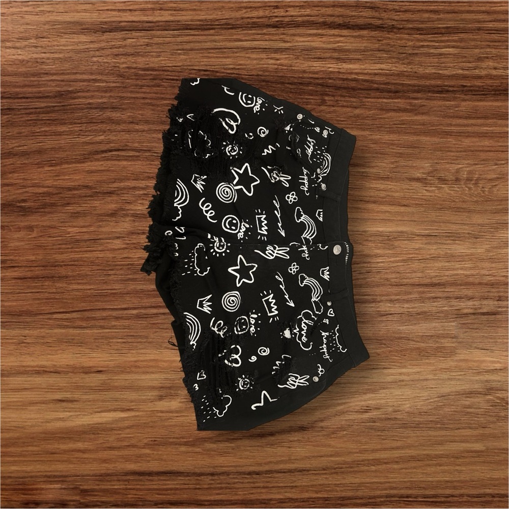 Black Graphic Shorts with White Patterns